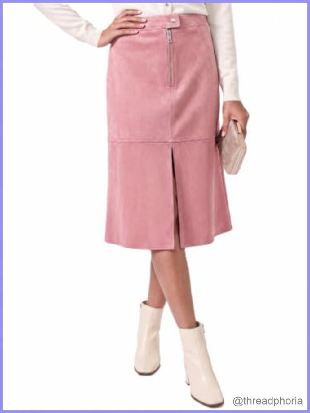 Faux Suede Midi Skirt High Waist A-Line Vintage Front Zipper Slit